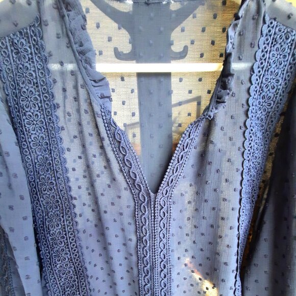 Sheer navy blue blouse with lace and ruffles detail - Picture 3 of 6